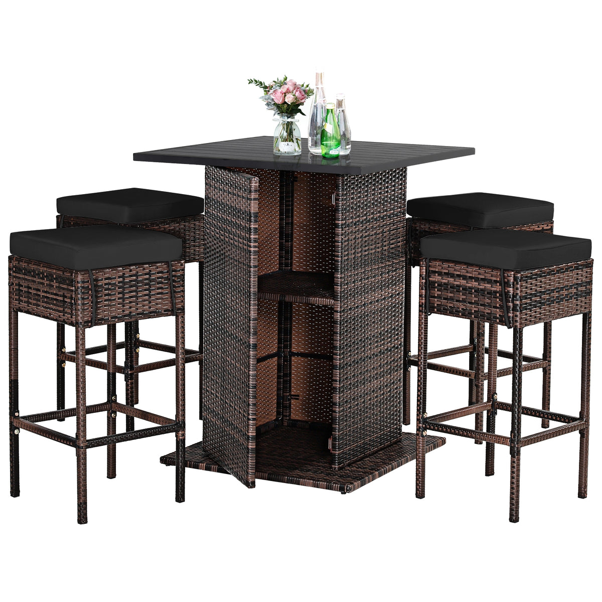 5 Pieces Patio Rattan Bar Furniture Set with Cushions and Hidden Storage Shelf-Black-Outdoor Bar Furniture-DECOROLALA