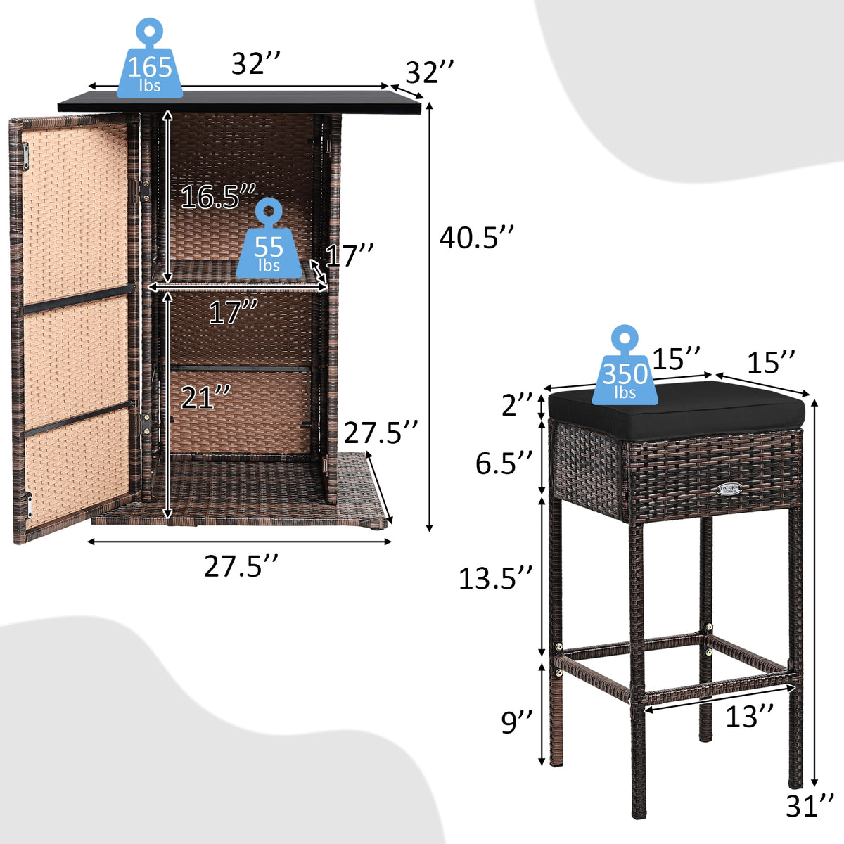 5 Pieces Patio Rattan Bar Furniture Set with Cushions and Hidden Storage Shelf-Black-Outdoor Bar Furniture-DECOROLALA