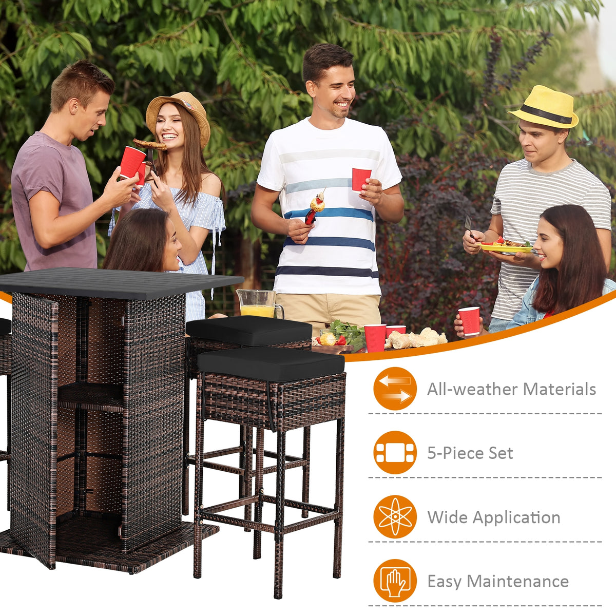5 Pieces Patio Rattan Bar Furniture Set with Cushions and Hidden Storage Shelf-Black-Outdoor Bar Furniture-DECOROLALA