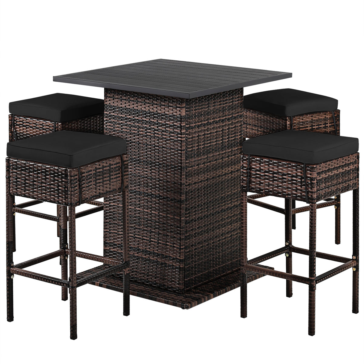 5 Pieces Patio Rattan Bar Furniture Set with Cushions and Hidden Storage Shelf-Black-Outdoor Bar Furniture-DECOROLALA