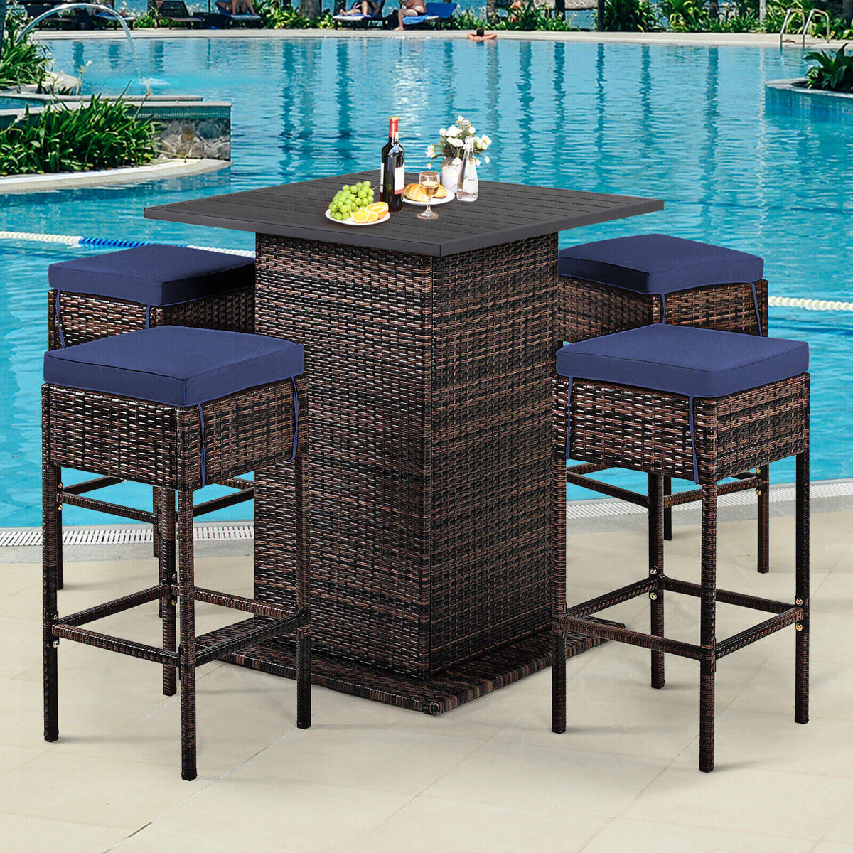 5 Pieces Patio Rattan Bar Table Stool Set Hidden Storage Shelf Cushioned-Navy-Outdoor Bar Furniture-DECOROLALA