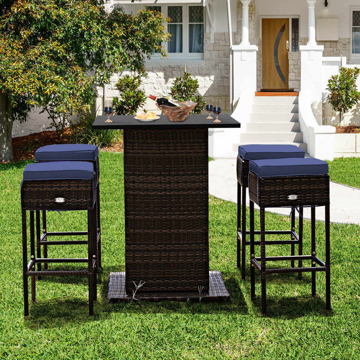 5 Pieces Patio Rattan Bar Table Stool Set Hidden Storage Shelf Cushioned-Navy-Outdoor Bar Furniture-DECOROLALA