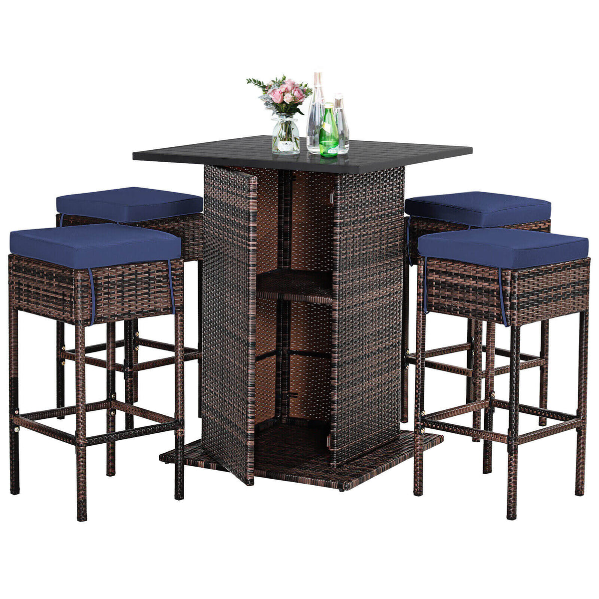 5 Pieces Patio Rattan Bar Table Stool Set Hidden Storage Shelf Cushioned-Navy-Outdoor Bar Furniture-DECOROLALA