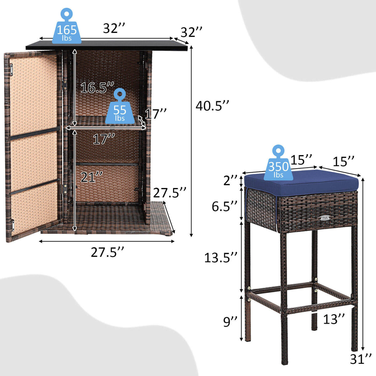 5 Pieces Patio Rattan Bar Table Stool Set Hidden Storage Shelf Cushioned-Navy-Outdoor Bar Furniture-DECOROLALA