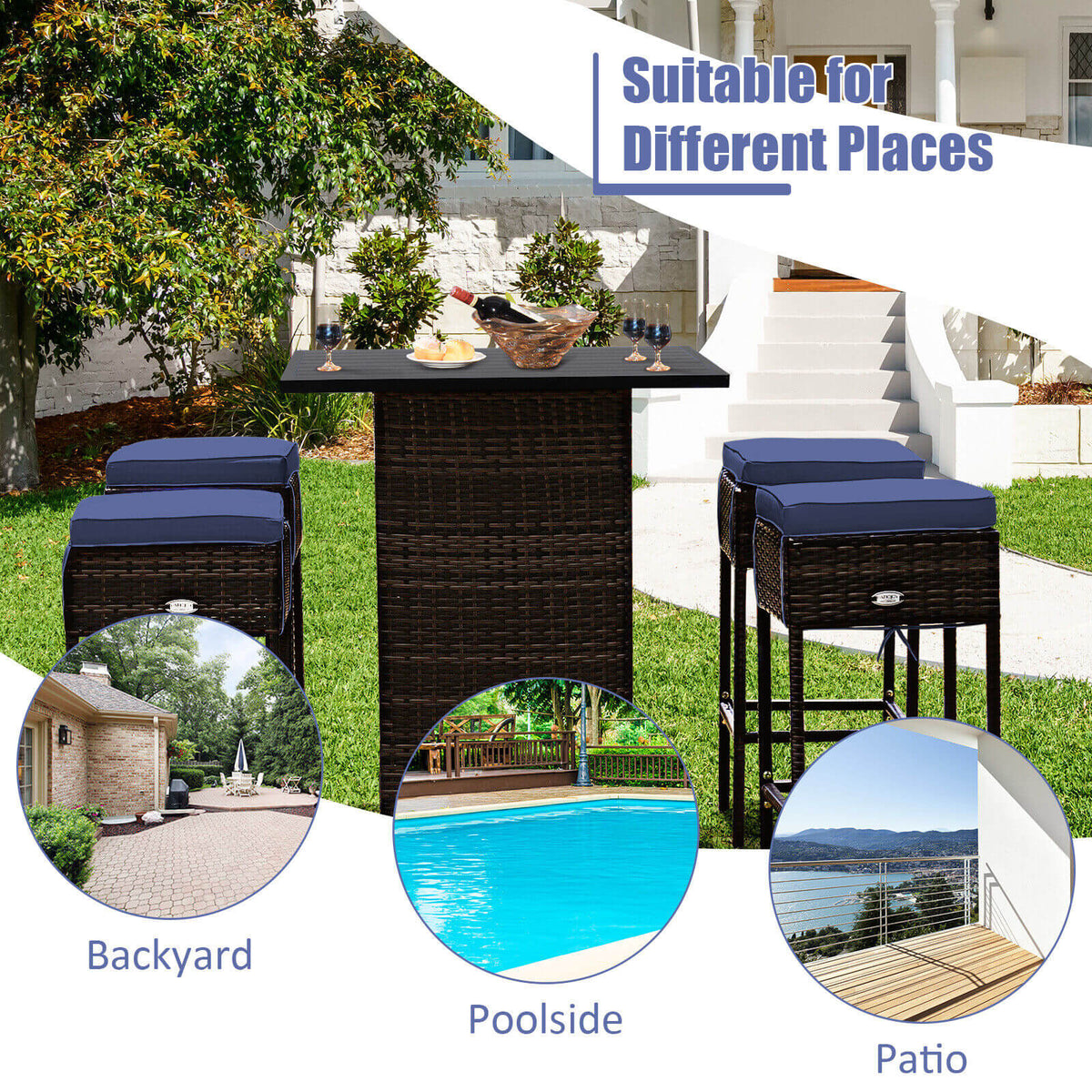5 Pieces Patio Rattan Bar Table Stool Set Hidden Storage Shelf Cushioned-Navy-Outdoor Bar Furniture-DECOROLALA