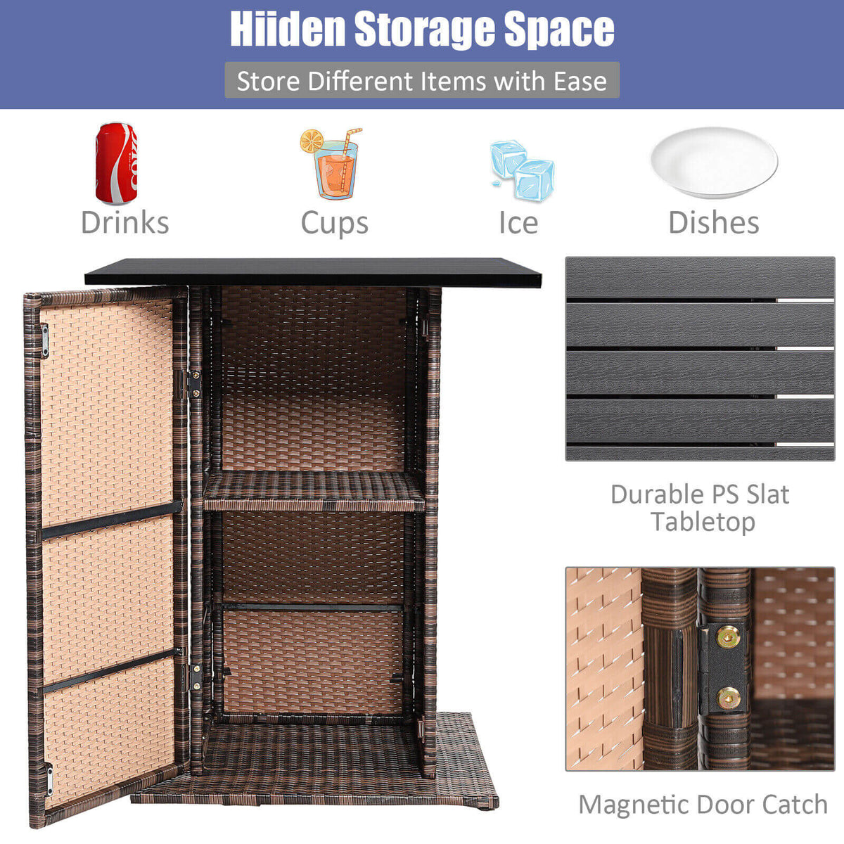 5 Pieces Patio Rattan Bar Table Stool Set Hidden Storage Shelf Cushioned-Navy-Outdoor Bar Furniture-DECOROLALA