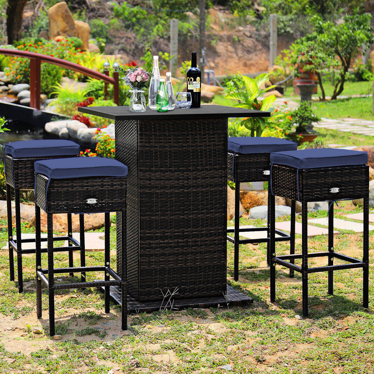 5 Pieces Patio Rattan Bar Table Stool Set Hidden Storage Shelf Cushioned-Navy-Outdoor Bar Furniture-DECOROLALA