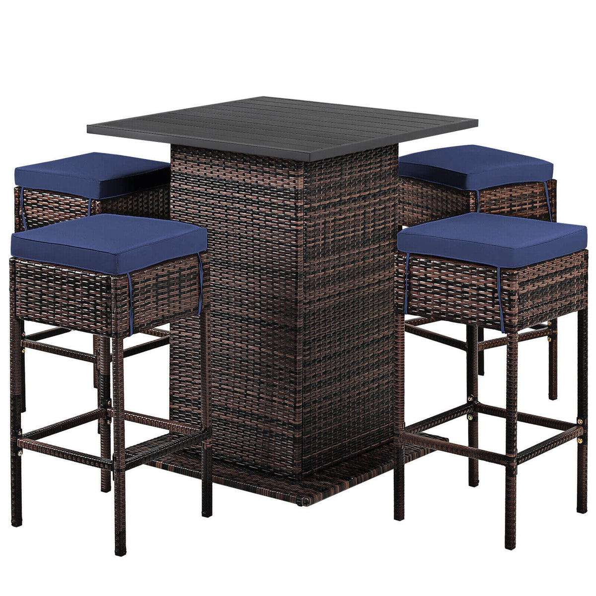 5 Pieces Patio Rattan Bar Table Stool Set Hidden Storage Shelf Cushioned-Navy-Outdoor Bar Furniture-DECOROLALA