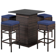 5 Pieces Patio Rattan Bar Table Stool Set Hidden Storage Shelf Cushioned-Navy-Outdoor Bar Furniture-DECOROLALA