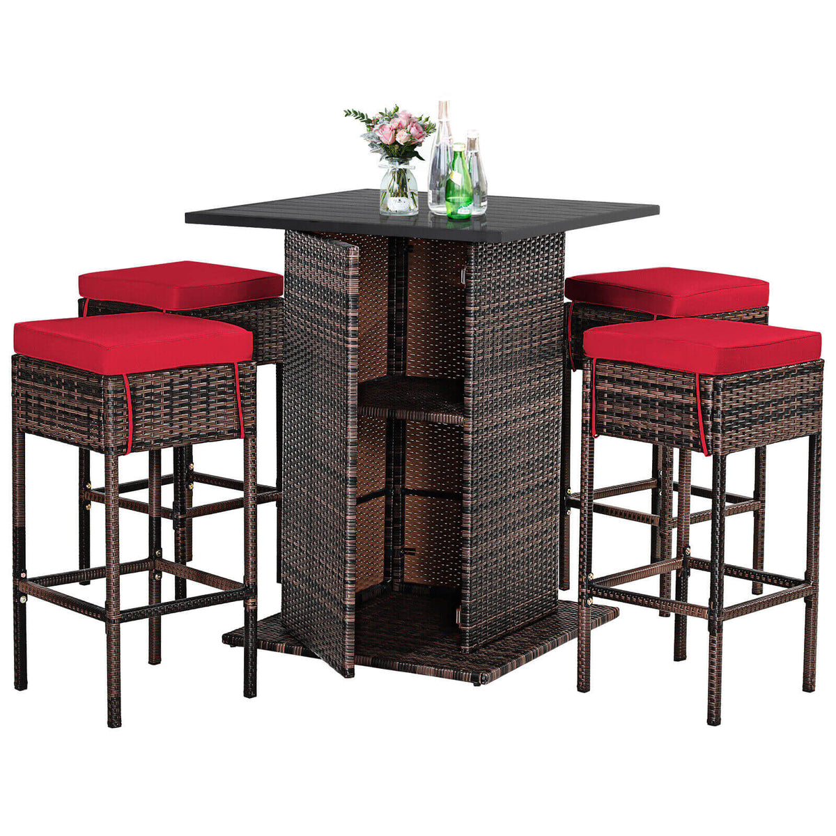 5 Pieces Patio Rattan Bar Table Stool Set Hidden Storage Shelf Cushioned-Red-Outdoor Bar Furniture-DECOROLALA