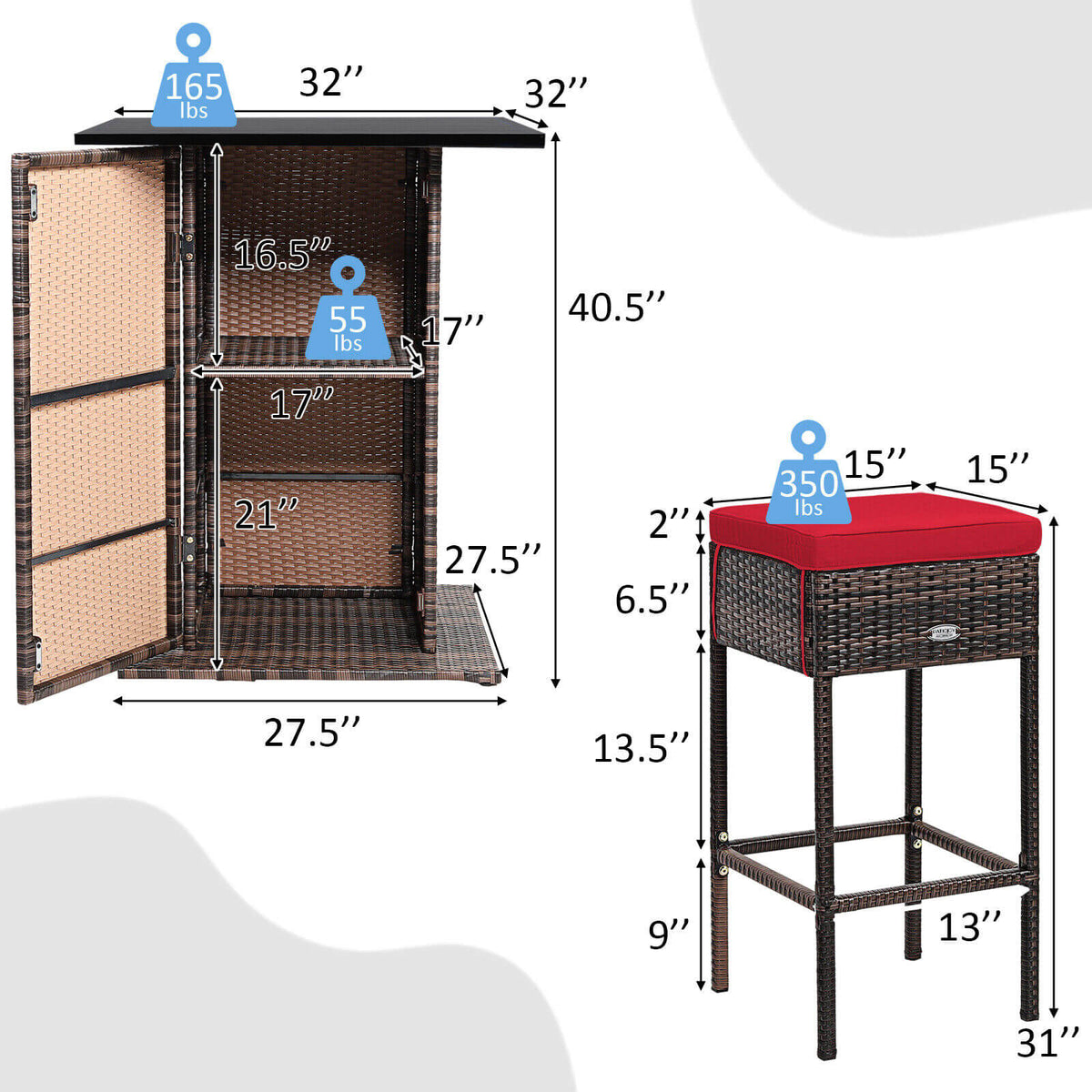 5 Pieces Patio Rattan Bar Table Stool Set Hidden Storage Shelf Cushioned-Red-Outdoor Bar Furniture-DECOROLALA