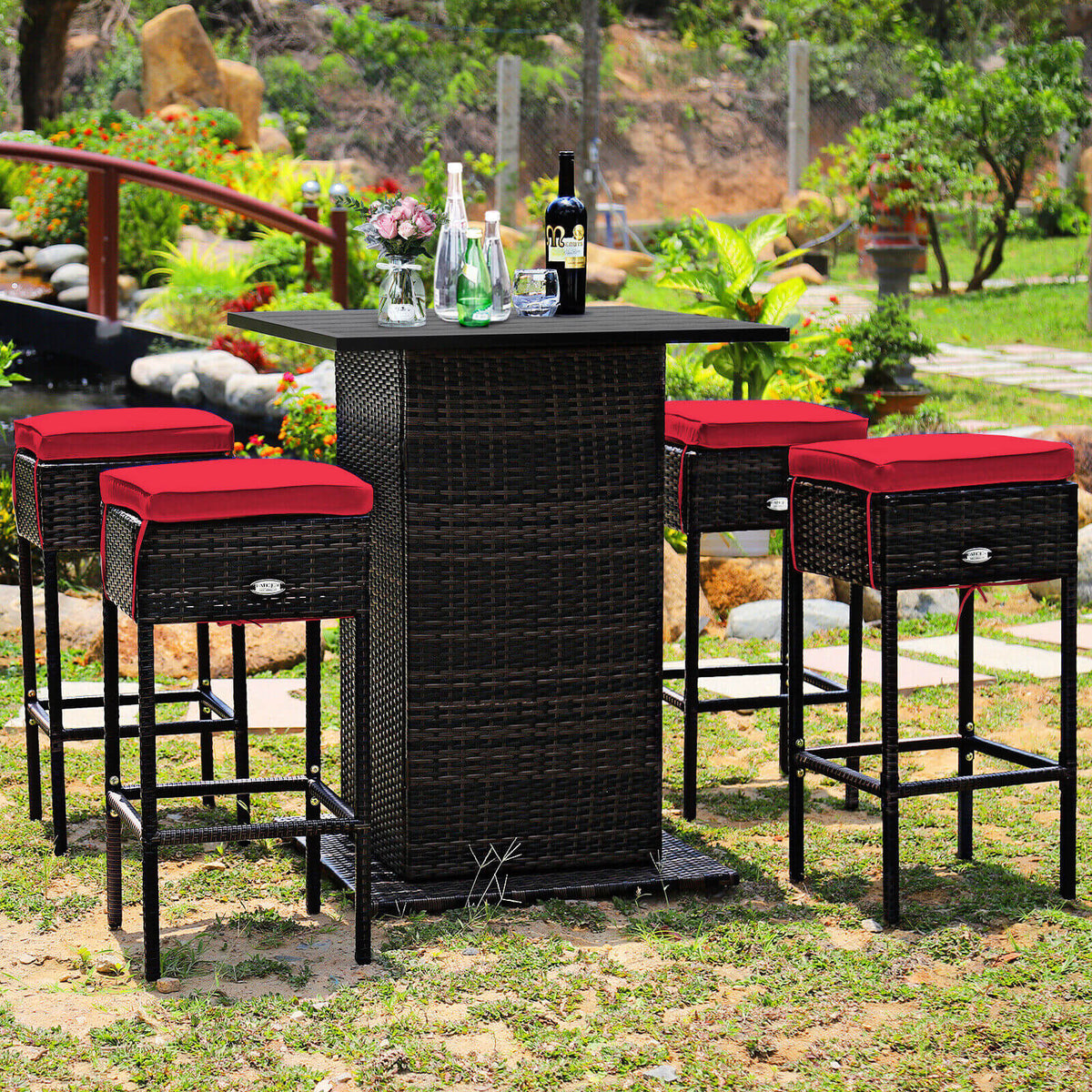 5 Pieces Patio Rattan Bar Table Stool Set Hidden Storage Shelf Cushioned-Red-Outdoor Bar Furniture-DECOROLALA