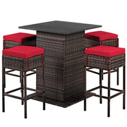 5 Pieces Patio Rattan Bar Table Stool Set Hidden Storage Shelf Cushioned-Red-Outdoor Bar Furniture-DECOROLALA