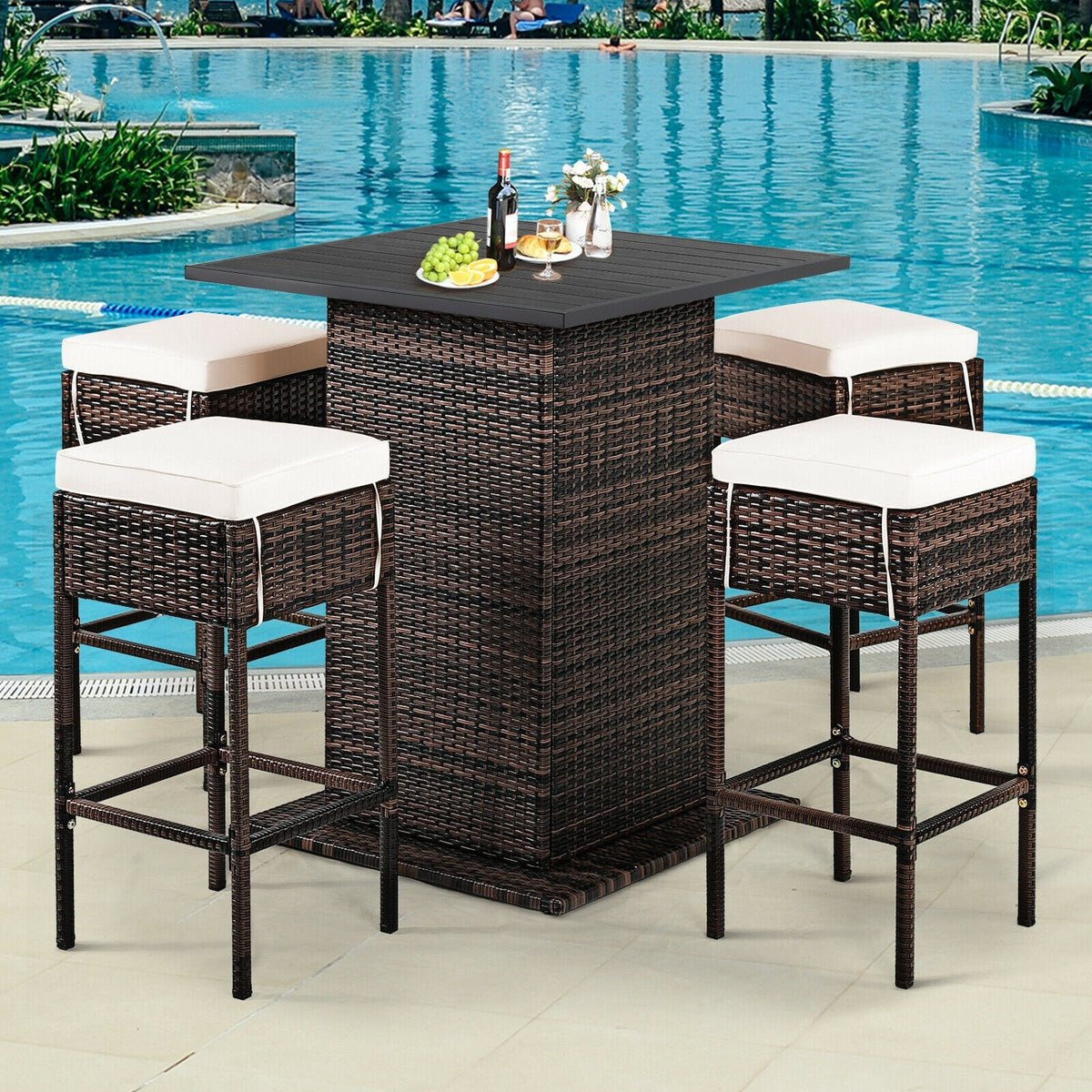 5 Pieces Patio Rattan Bar Table Stool Set Hidden Storage Shelf Cushioned-White-Outdoor Bar Furniture-DECOROLALA