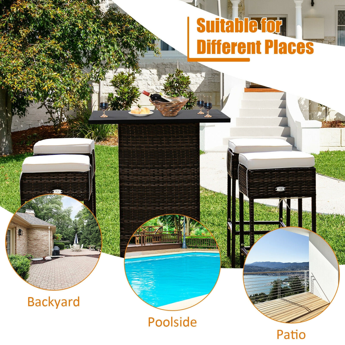 5 Pieces Patio Rattan Bar Table Stool Set Hidden Storage Shelf Cushioned-White-Outdoor Bar Furniture-DECOROLALA