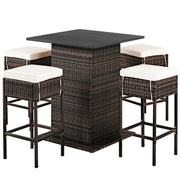 5 Pieces Patio Rattan Bar Table Stool Set Hidden Storage Shelf Cushioned-White-Outdoor Bar Furniture-DECOROLALA