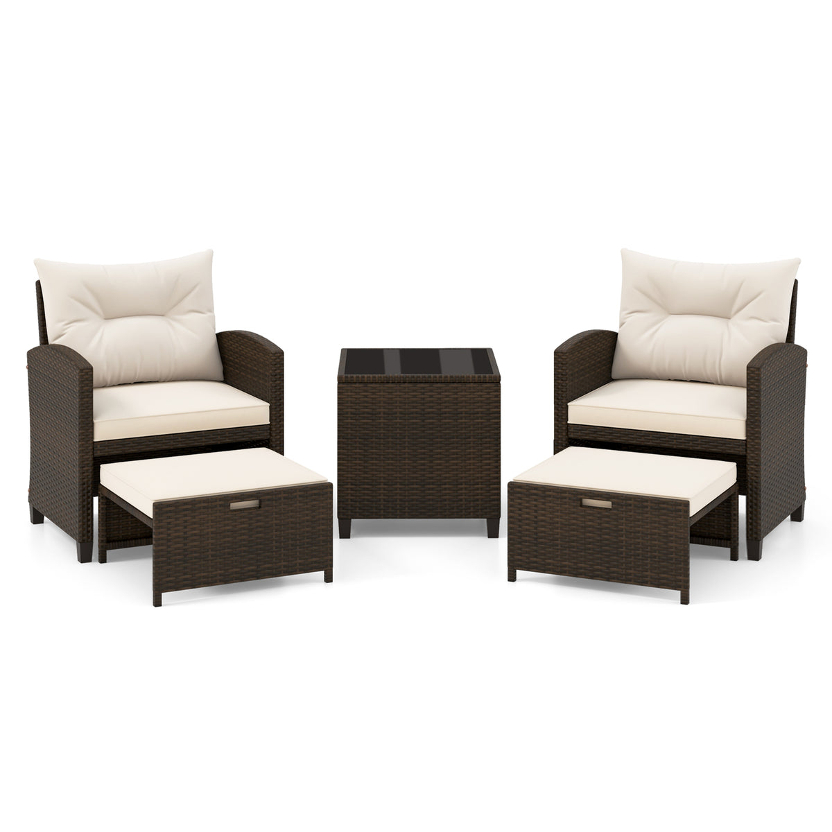 5 Pieces Patio Rattan Furniture with 2 Ottomans and Tempered Glass Coffee Table-Off White-Patio Conversation Sets-DECOROLALA