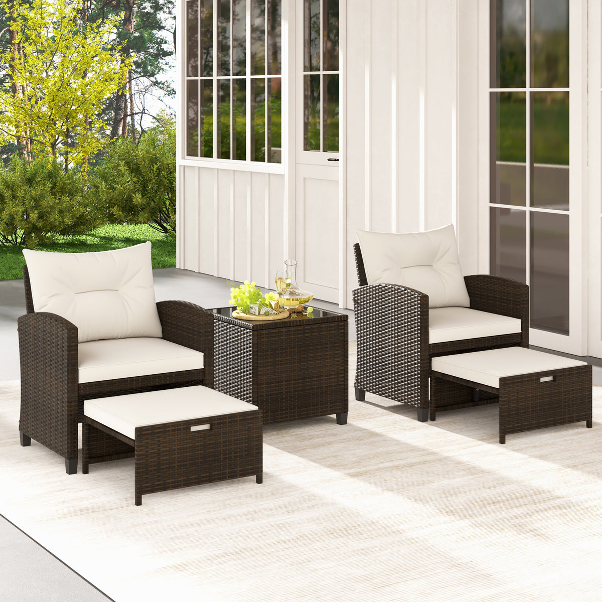 5 Pieces Patio Rattan Furniture with 2 Ottomans and Tempered Glass Coffee Table-Off White-Patio Conversation Sets-DECOROLALA