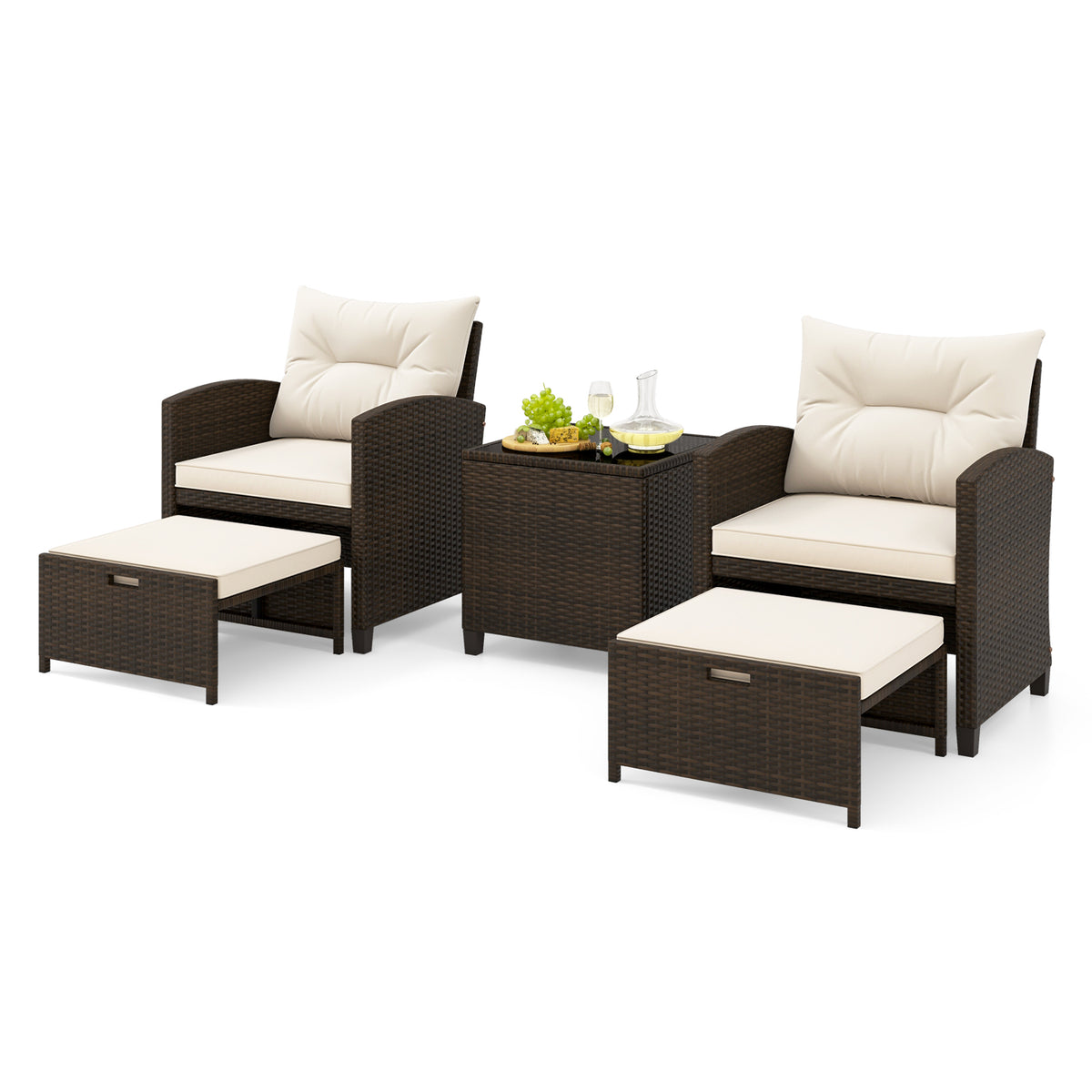 5 Pieces Patio Rattan Furniture with 2 Ottomans and Tempered Glass Coffee Table-Off White-Patio Conversation Sets-DECOROLALA