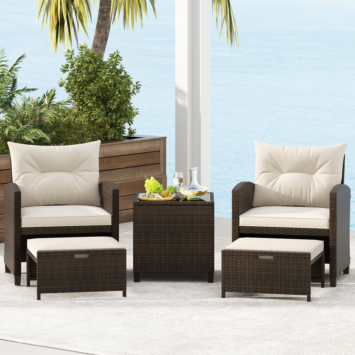 5 Pieces Patio Rattan Furniture with 2 Ottomans and Tempered Glass Coffee Table-Off White-Patio Conversation Sets-DECOROLALA