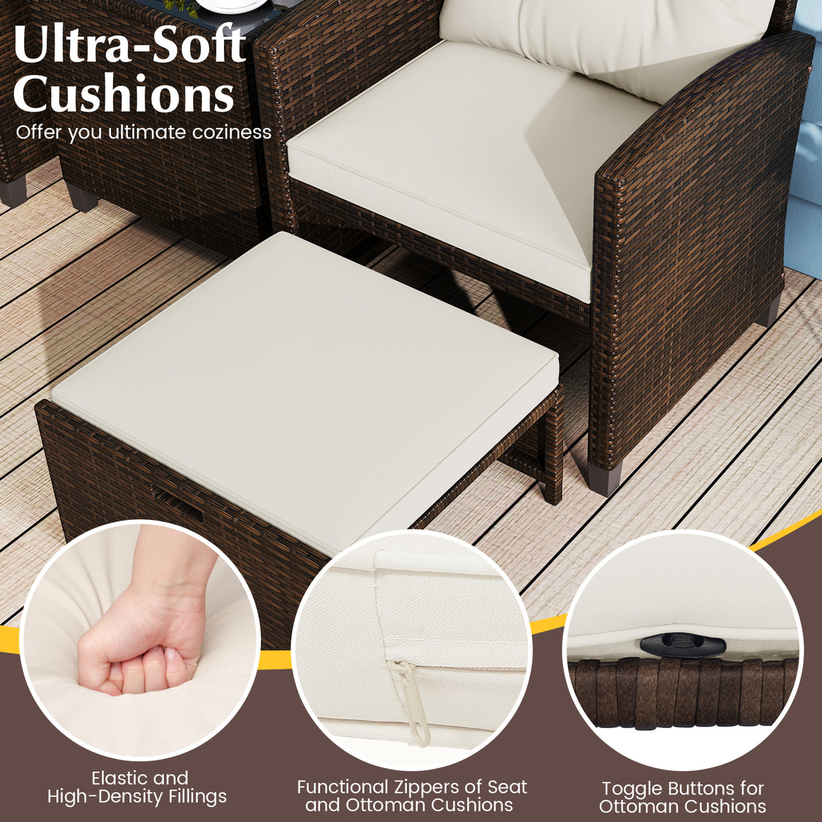 5 Pieces Patio Rattan Furniture with 2 Ottomans and Tempered Glass Coffee Table-Off White-Patio Conversation Sets-DECOROLALA