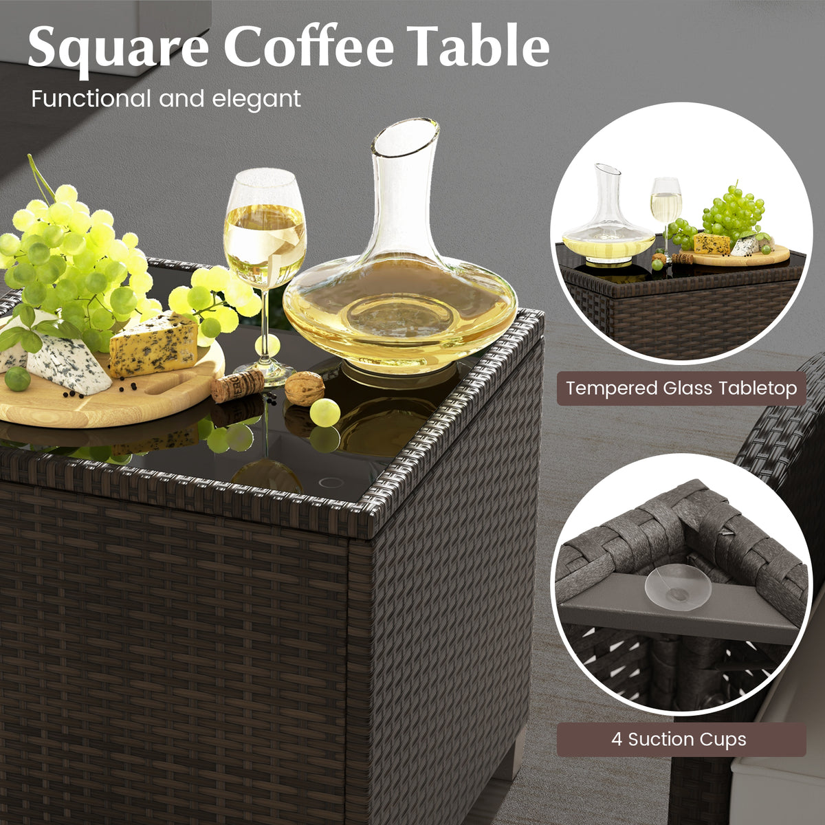 5 Pieces Patio Rattan Furniture with 2 Ottomans and Tempered Glass Coffee Table-Off White-Patio Conversation Sets-DECOROLALA