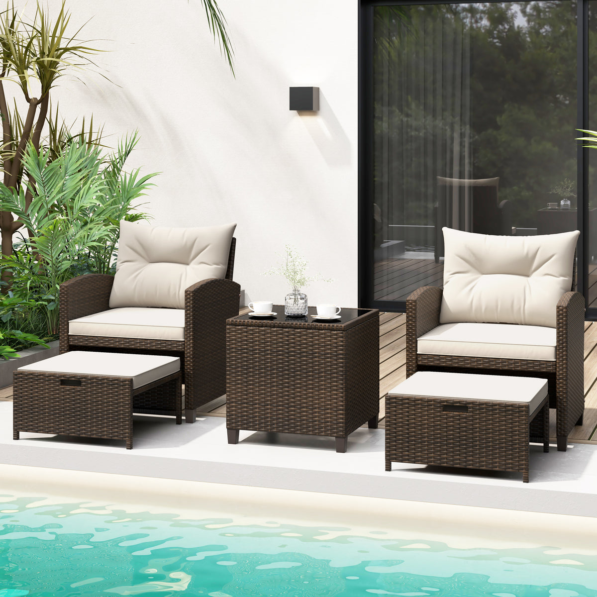 5 Pieces Patio Rattan Furniture with 2 Ottomans and Tempered Glass Coffee Table-Off White-Patio Conversation Sets-DECOROLALA