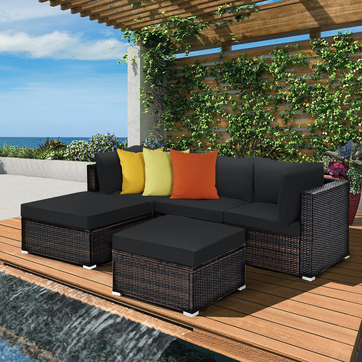 5 Pieces Patio Sectional Rattan Furniture Set with Ottoman Table-Black-Outdoor Sectional Sofas-DECOROLALA