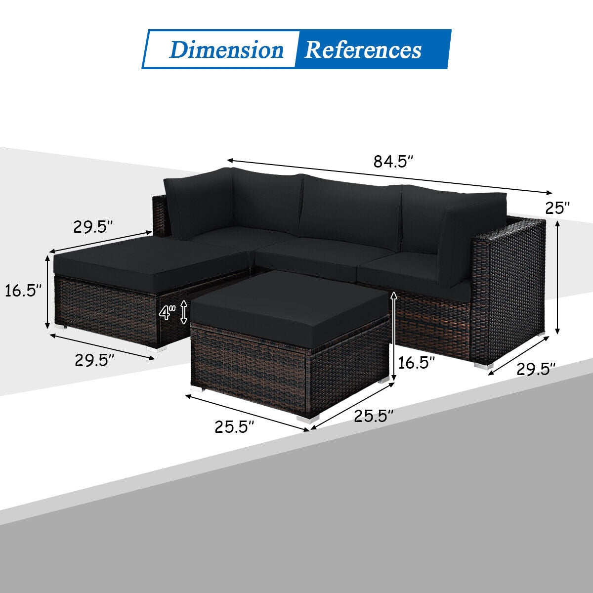 5 Pieces Patio Sectional Rattan Furniture Set with Ottoman Table-Black-Outdoor Sectional Sofas-DECOROLALA