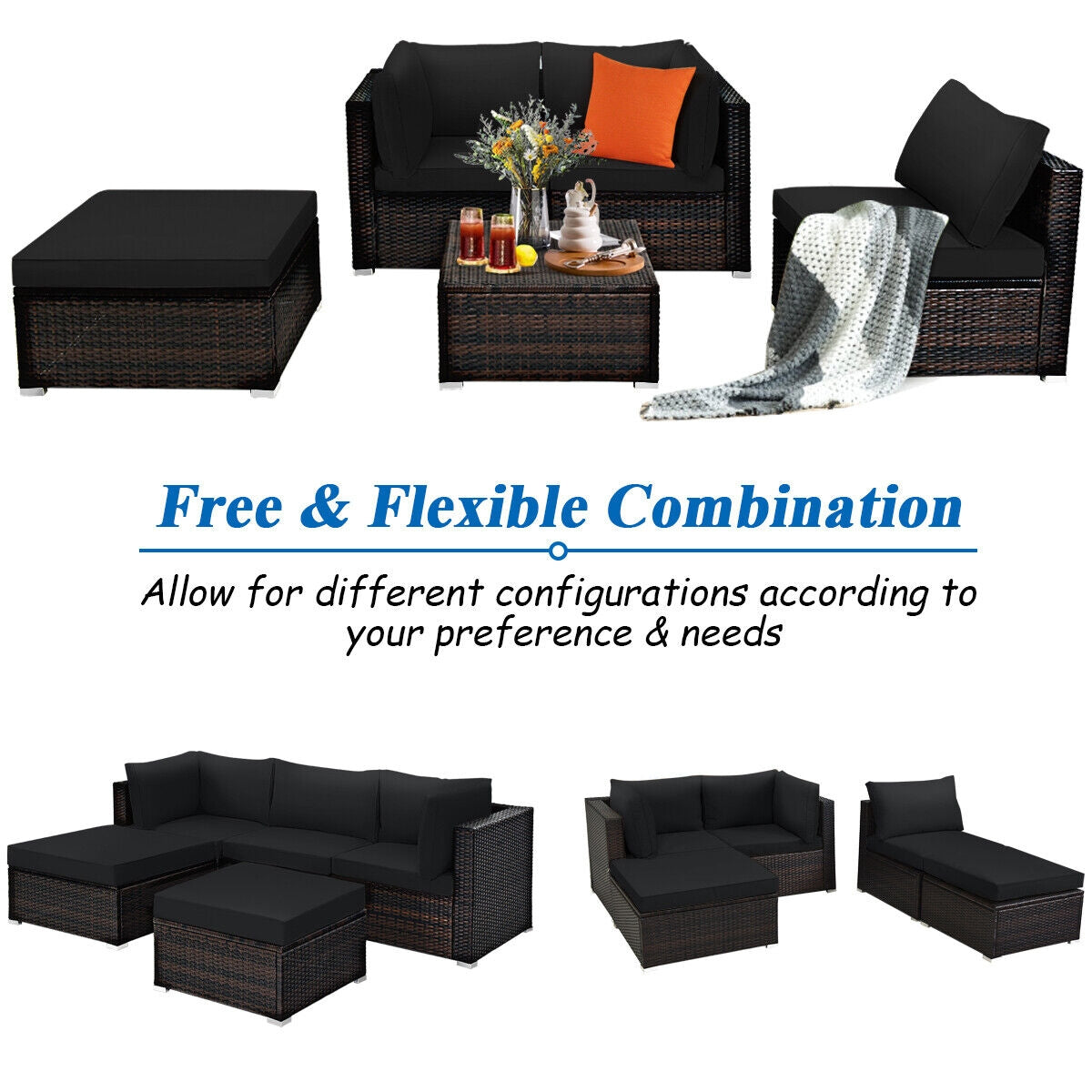 5 Pieces Patio Sectional Rattan Furniture Set with Ottoman Table-Black-Outdoor Sectional Sofas-DECOROLALA