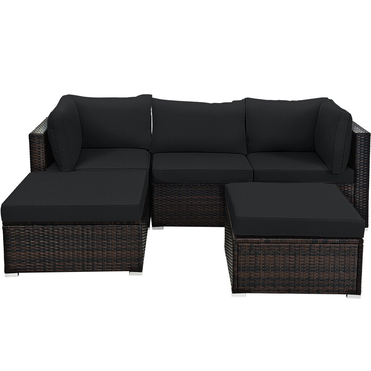 5 Pieces Patio Sectional Rattan Furniture Set with Ottoman Table-Black-Outdoor Sectional Sofas-DECOROLALA