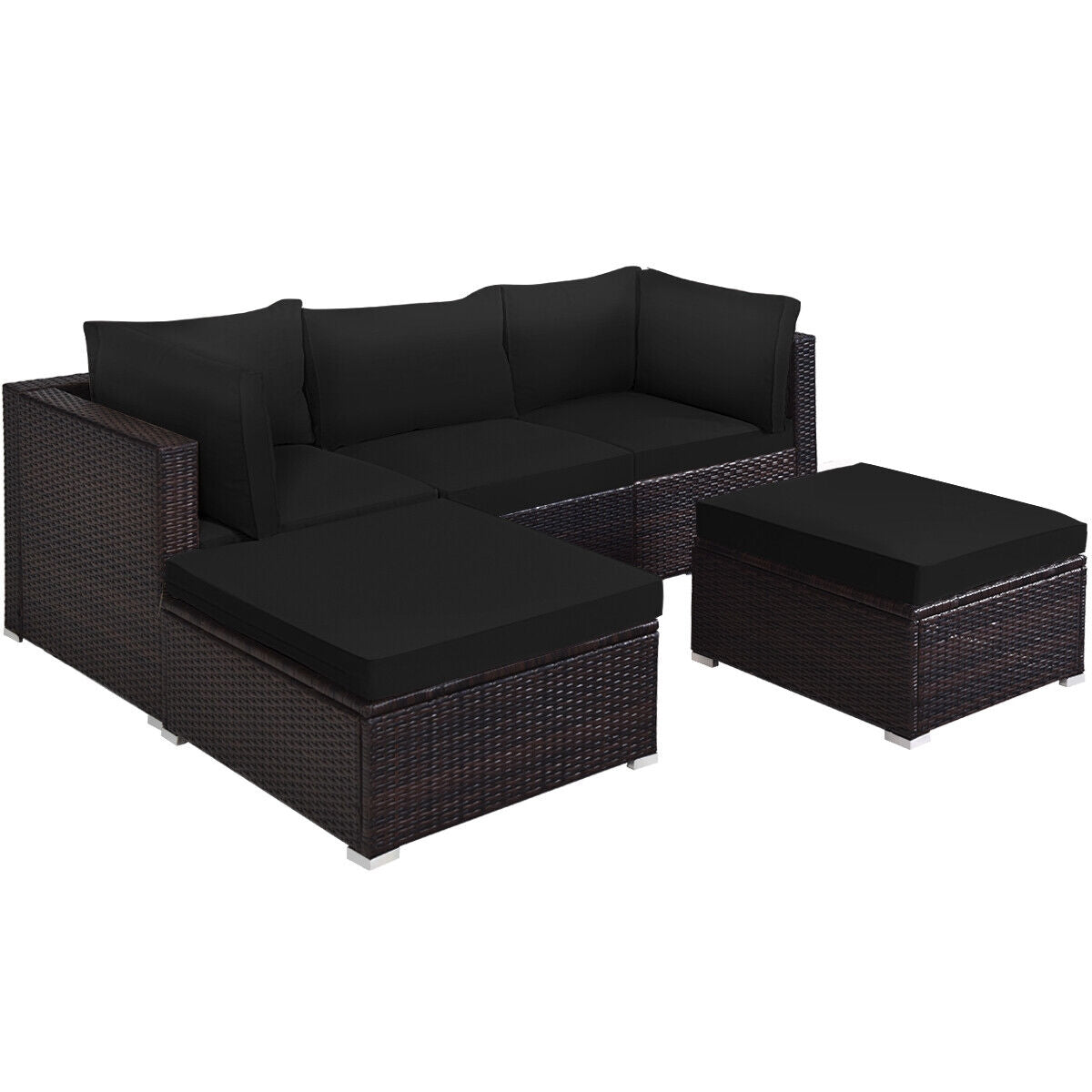 5 Pieces Patio Sectional Rattan Furniture Set with Ottoman Table-Black-Outdoor Sectional Sofas-DECOROLALA