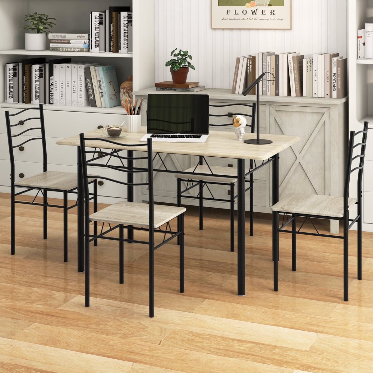 5 Pieces Wood Metal Dining Table Set with 4 Chairs-Natural – DECOROLALA