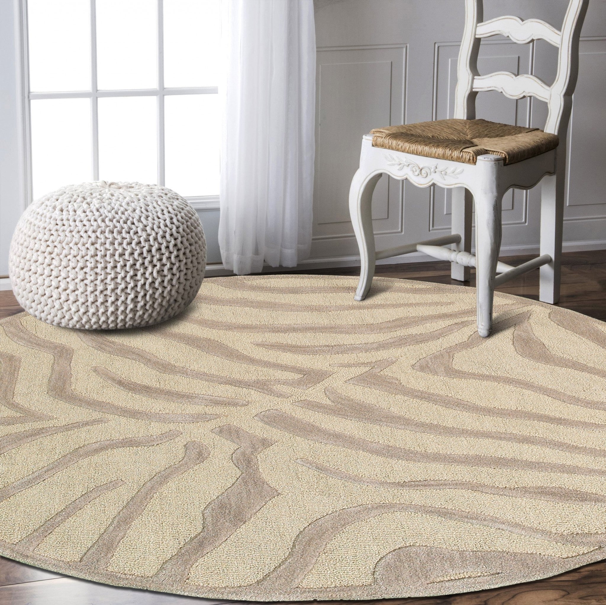 5' Round Taupe Zebra Pattern Area Rug-Area Rugs-DECOROLALA