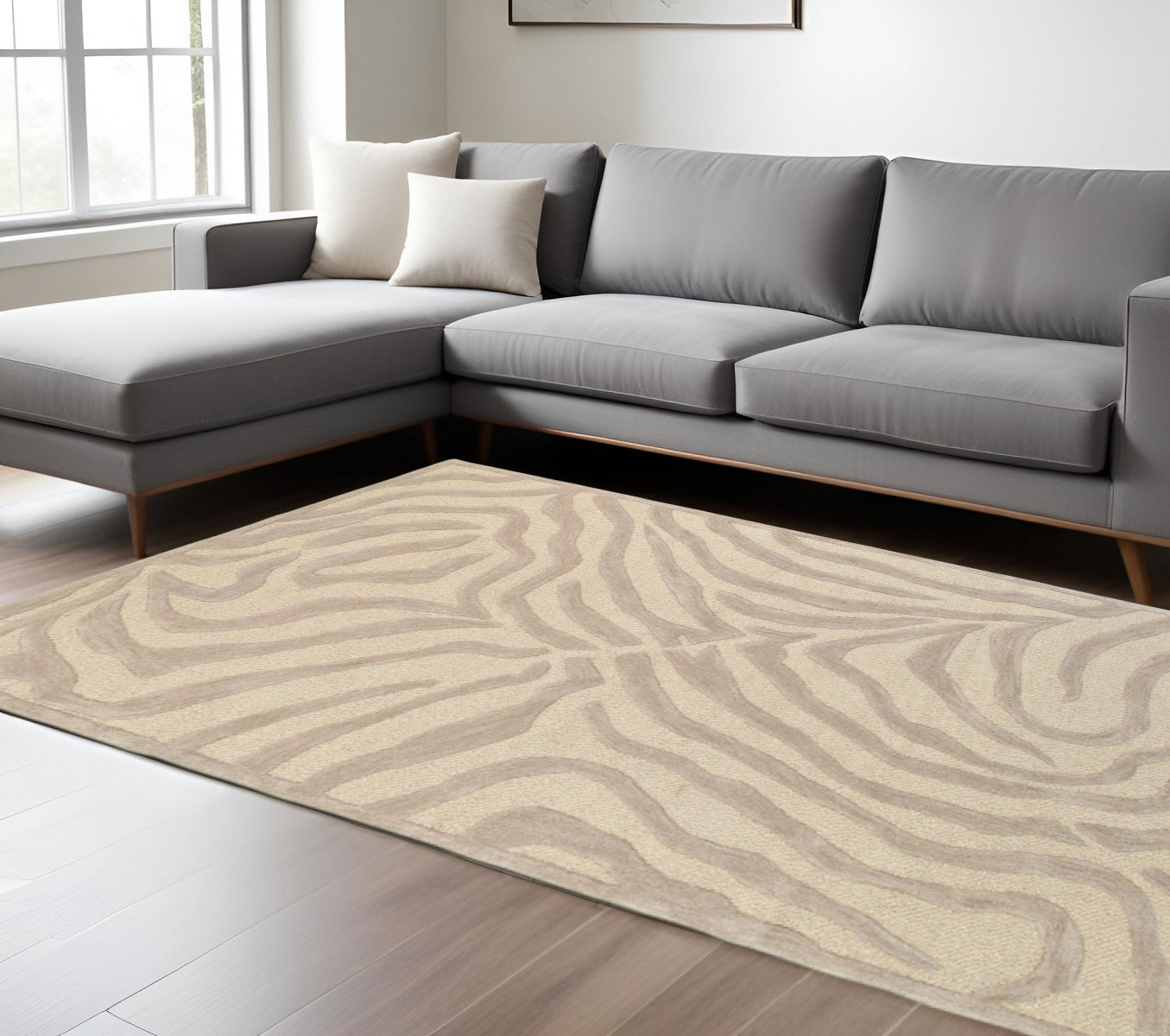 5' Round Taupe Zebra Pattern Area Rug-Area Rugs-DECOROLALA