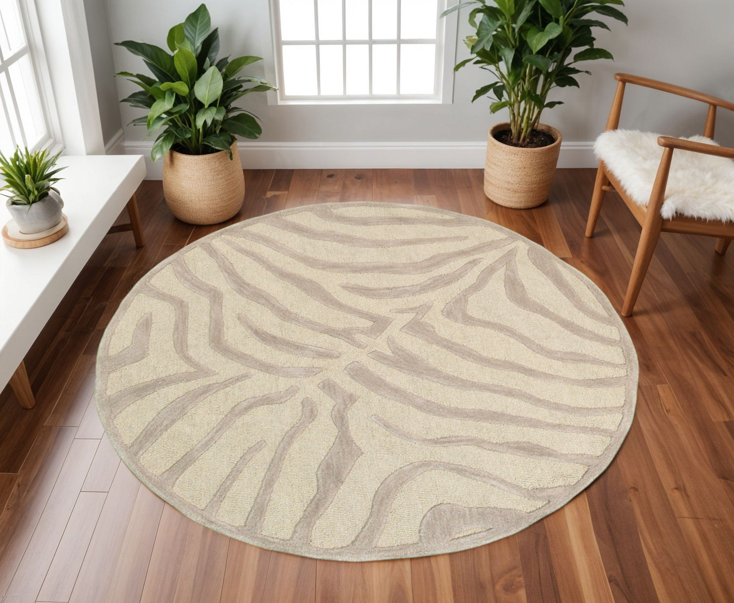 5' Round Taupe Zebra Pattern Area Rug-Area Rugs-DECOROLALA