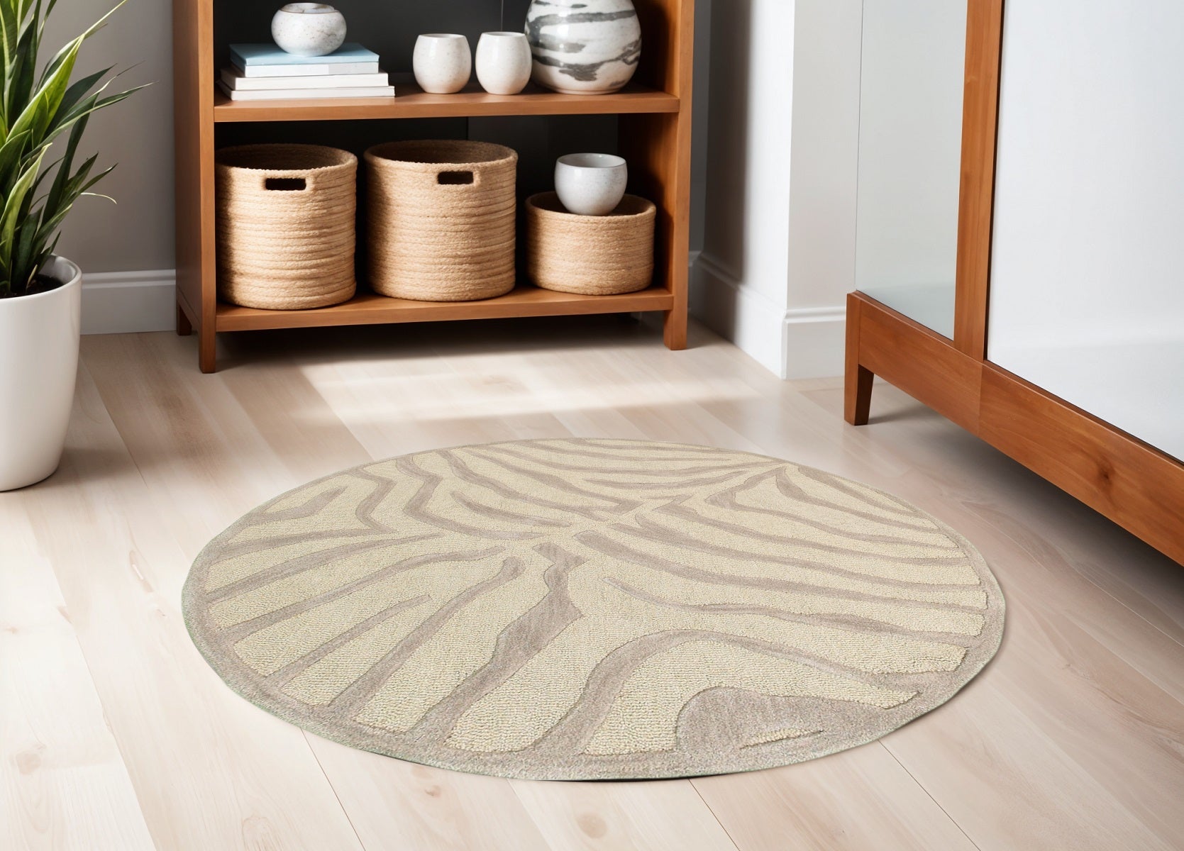5' Round Taupe Zebra Pattern Area Rug-Area Rugs-DECOROLALA
