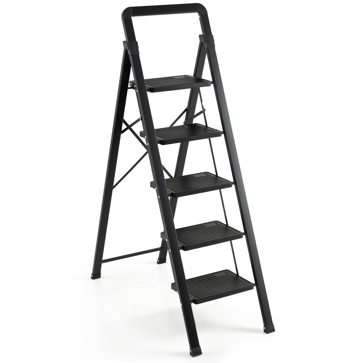 5 Step Black Folding Step Stool with Wide Anti-slip Pedals-Ladders-DECOROLALA