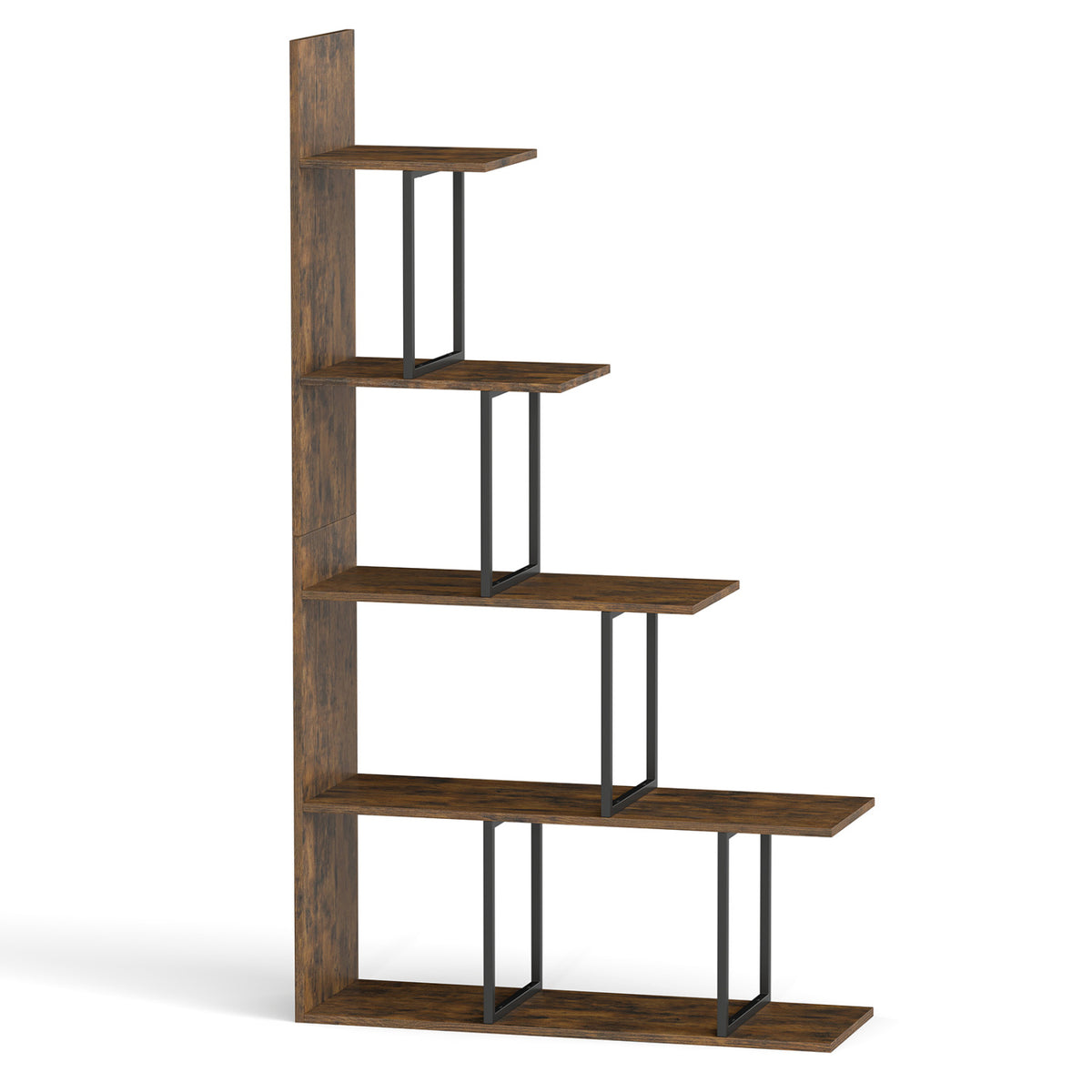 5-Tier 62 Inch Tall Stepped Bookshelf with Heavy Duty Metal Frame-Rustic Brown-Bookcases-DECOROLALA