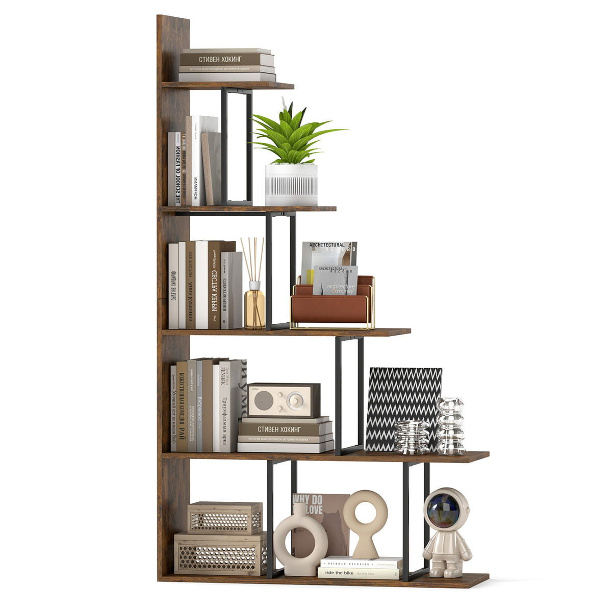5-Tier 62 Inch Tall Stepped Bookshelf with Heavy Duty Metal Frame-Rustic Brown-Bookcases-DECOROLALA