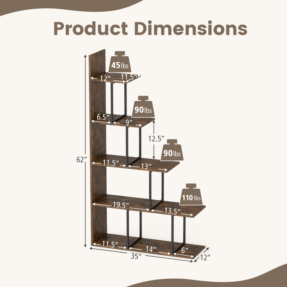 5-Tier 62 Inch Tall Stepped Bookshelf with Heavy Duty Metal Frame-Rustic Brown-Bookcases-DECOROLALA