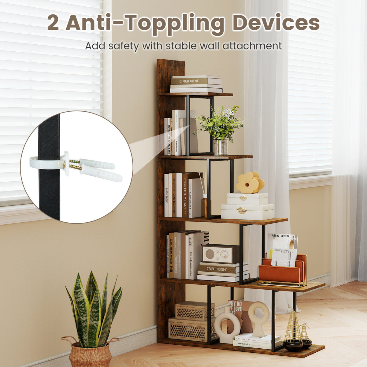 5-Tier 62 Inch Tall Stepped Bookshelf with Heavy Duty Metal Frame-Rustic Brown-Bookcases-DECOROLALA