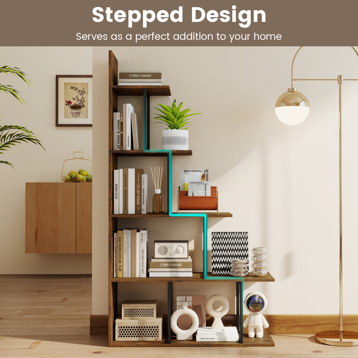 5-Tier 62 Inch Tall Stepped Bookshelf with Heavy Duty Metal Frame-Rustic Brown-Bookcases-DECOROLALA