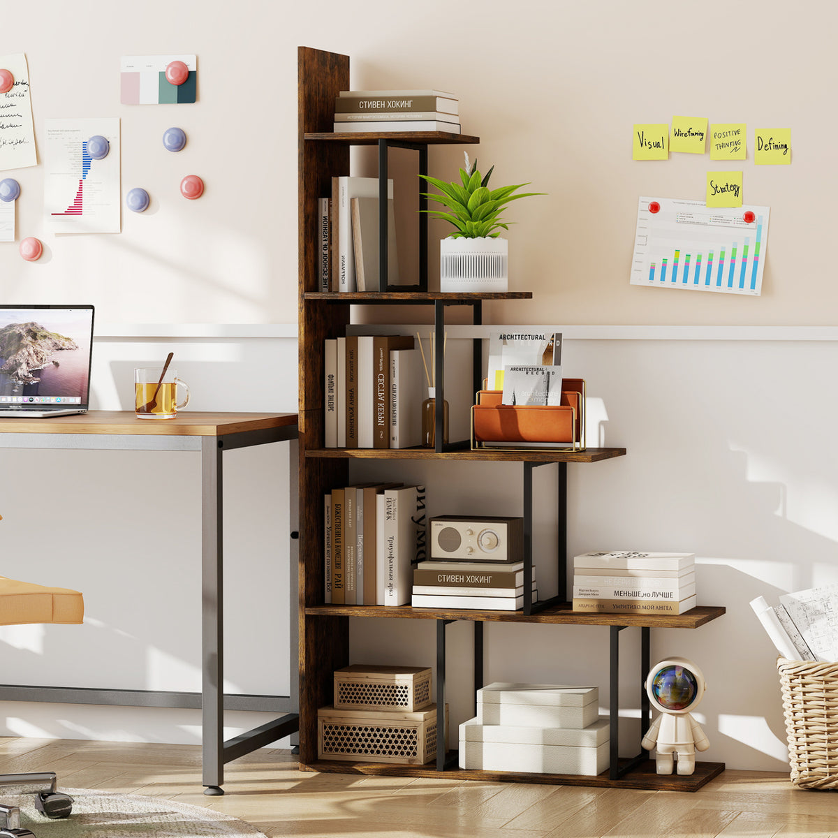5-Tier 62 Inch Tall Stepped Bookshelf with Heavy Duty Metal Frame-Rustic Brown-Bookcases-DECOROLALA