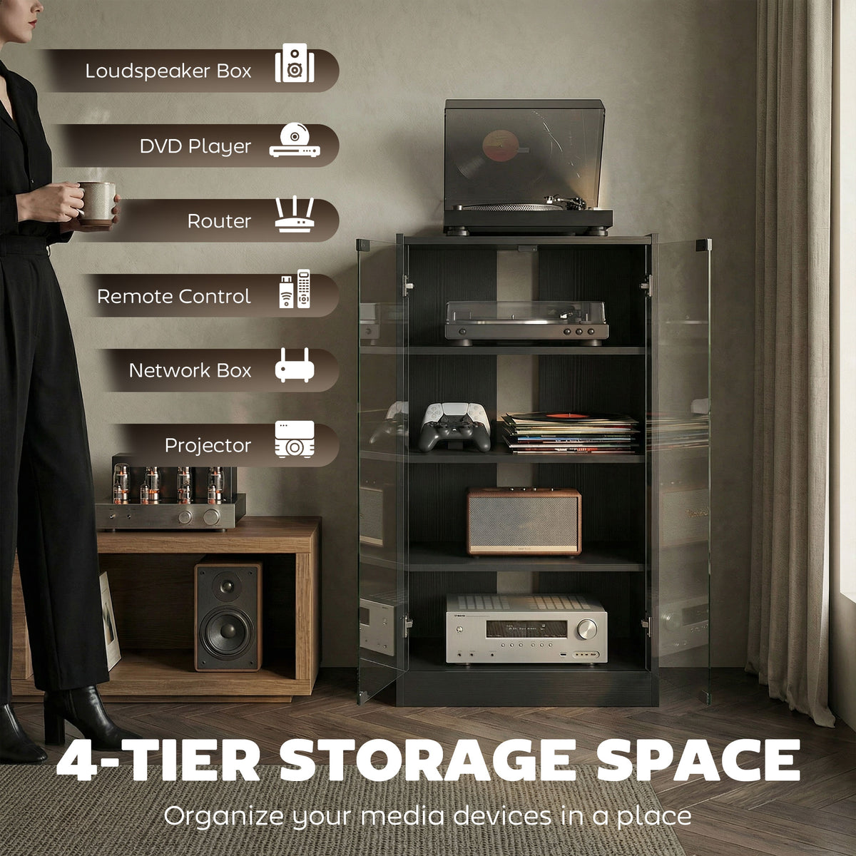 5-Tier AV Media Stand with Glass Doors - Distressed Black-Home Furnishings > Storage & Organization > Storage Cabinets-DECOROLALA