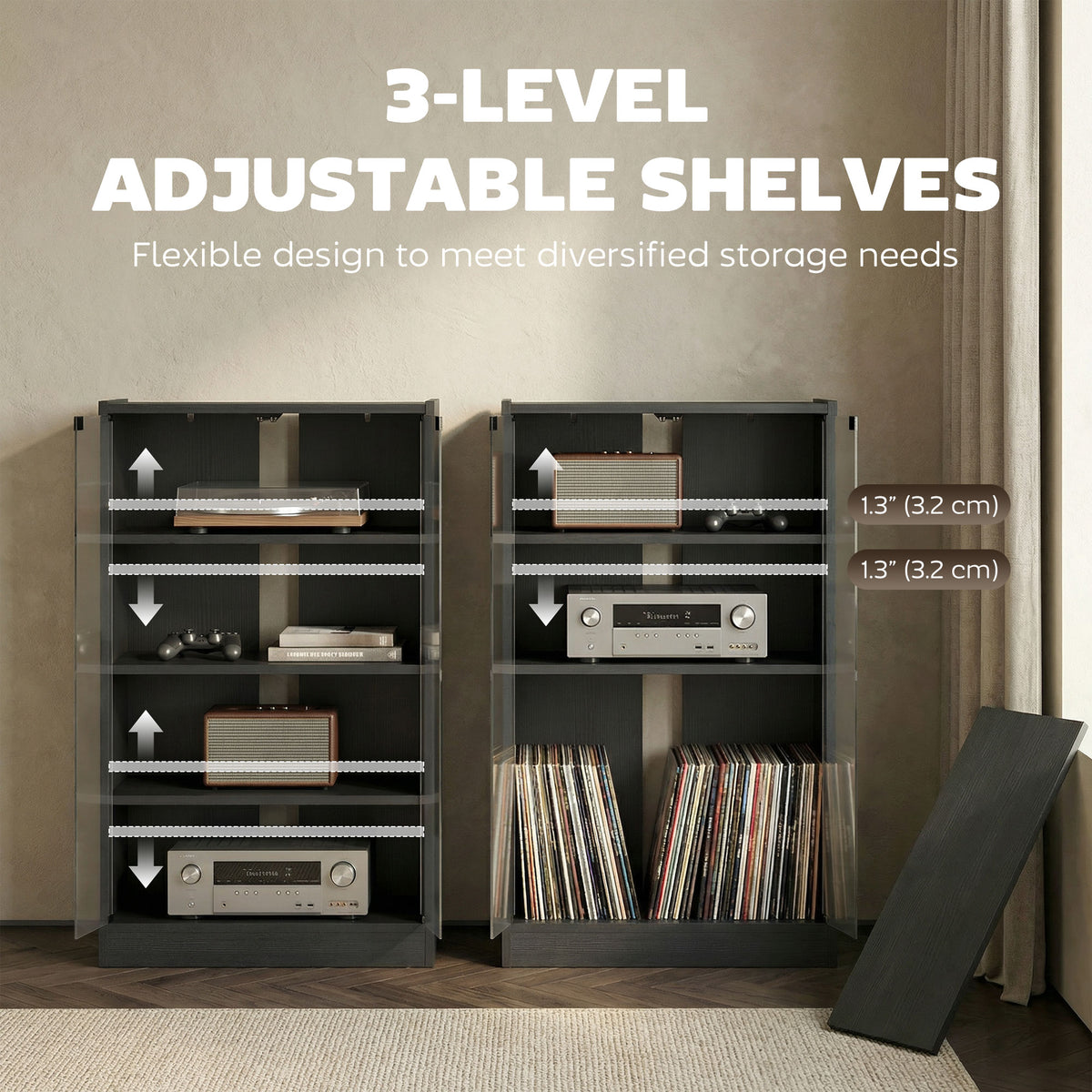 5-Tier AV Media Stand with Glass Doors - Distressed Black-Home Furnishings > Storage & Organization > Storage Cabinets-DECOROLALA
