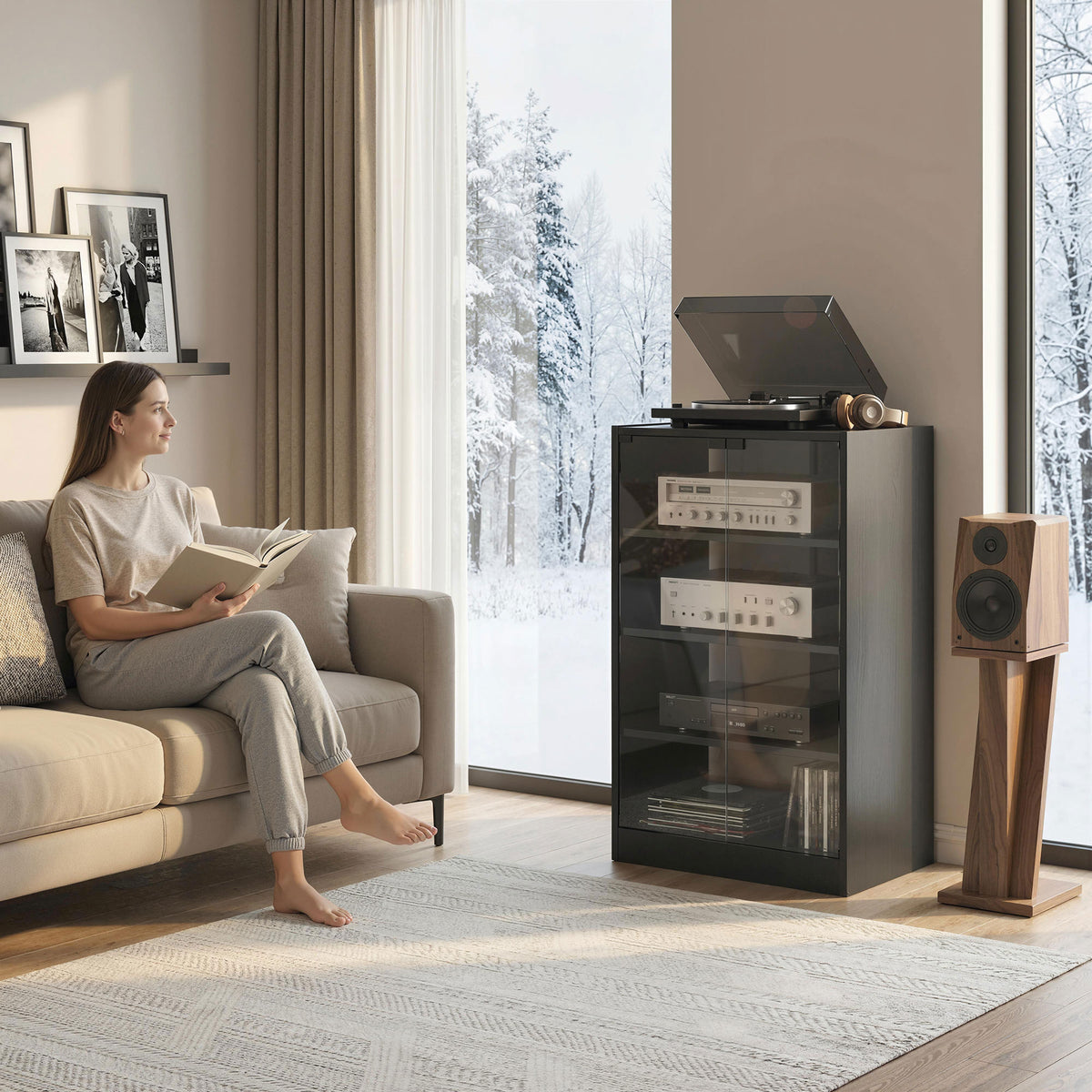 5-Tier AV Media Stand with Glass Doors - Distressed Black-Home Furnishings > Storage & Organization > Storage Cabinets-DECOROLALA
