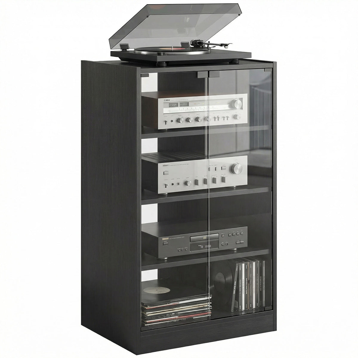 5-Tier AV Media Stand with Glass Doors - Distressed Black-Home Furnishings > Storage & Organization > Storage Cabinets-DECOROLALA