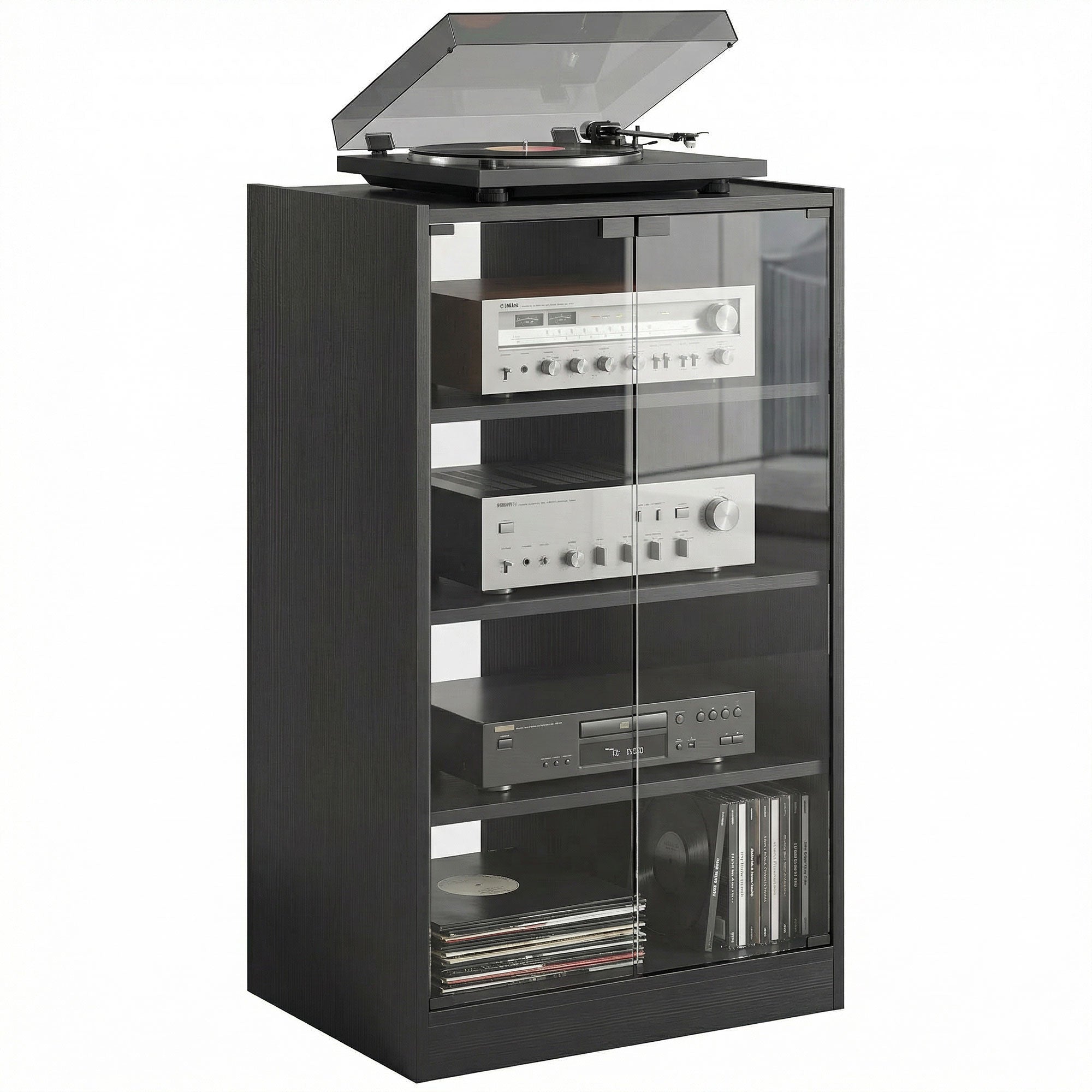 5-Tier AV Media Stand with Glass Doors - Distressed Black-Home Furnishings > Storage & Organization > Storage Cabinets-DECOROLALA