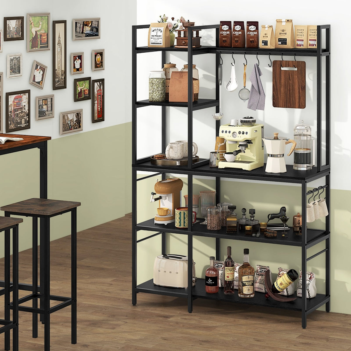 5-Tier Bakers Rack with Power Outlets and 10 S-Shaped Hooks-Black-Baker’s Racks-DECOROLALA